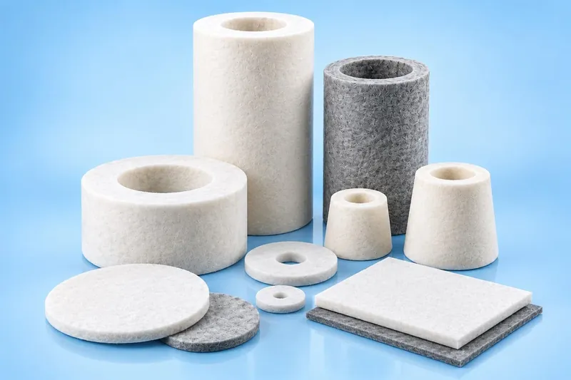 Felt filtration tubes, rings, discs and sheets in white and grey