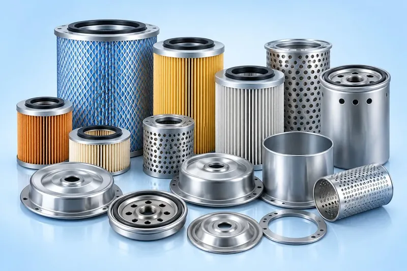 Air and oil filter elements with pressed end caps, perforated centre tubes and housings