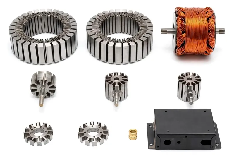 Pressed stator and rotor laminations, a wound motor core and a formed sheet metal enclosure
